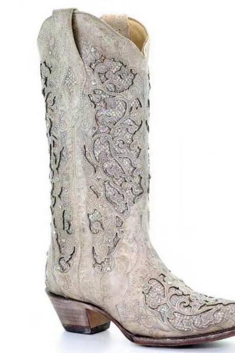 Pointed Toe Slip-on Plain Chunky Heel Western Embroidery Boots