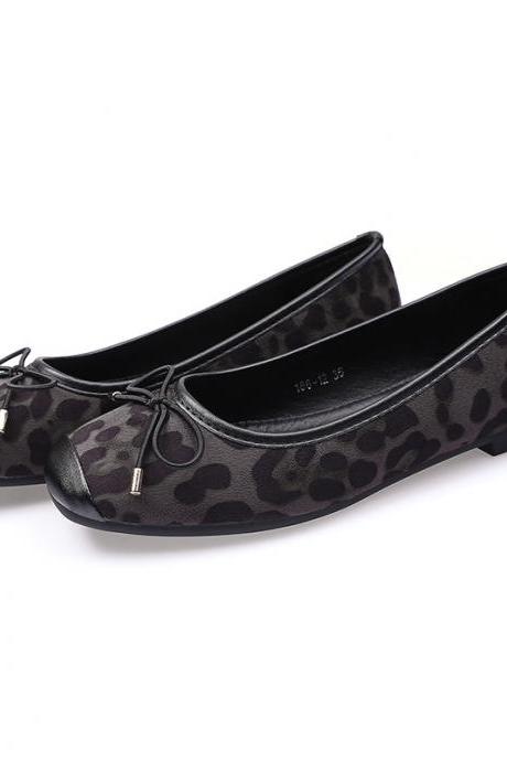 Bow Leopard Print Flat Shoes-gray