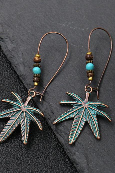 Wings And Leaves Hand Of Fatima Round Turquoise Beads Earrings-2