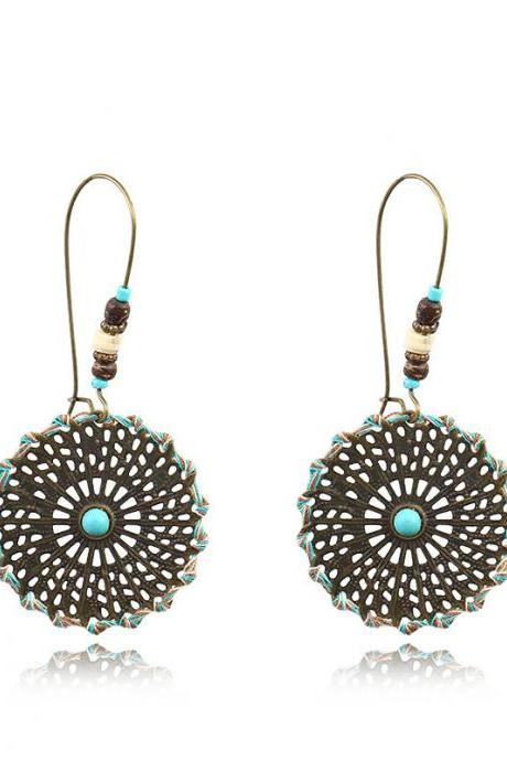 Wings And Leaves Hand Of Fatima Round Turquoise Beads Earrings-3