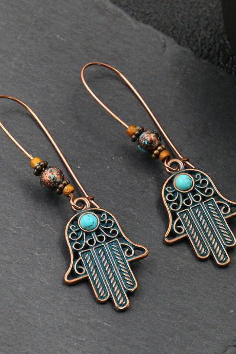 Wings And Leaves Hand Of Fatima Round Turquoise Beads Earrings-5