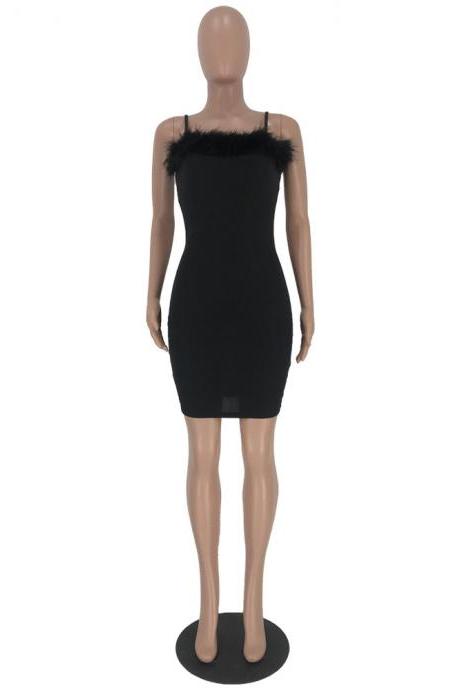 Feather Sling Party Dress-black