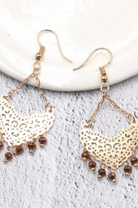 Hollow Gold Geometric Diamond Handmade Rice Bead Tassel Earrings