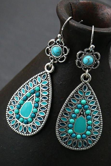 Water Drop Alloy Earrings Rice Beads Flower Drop Turquoise Women's Retro Earrings Earrings