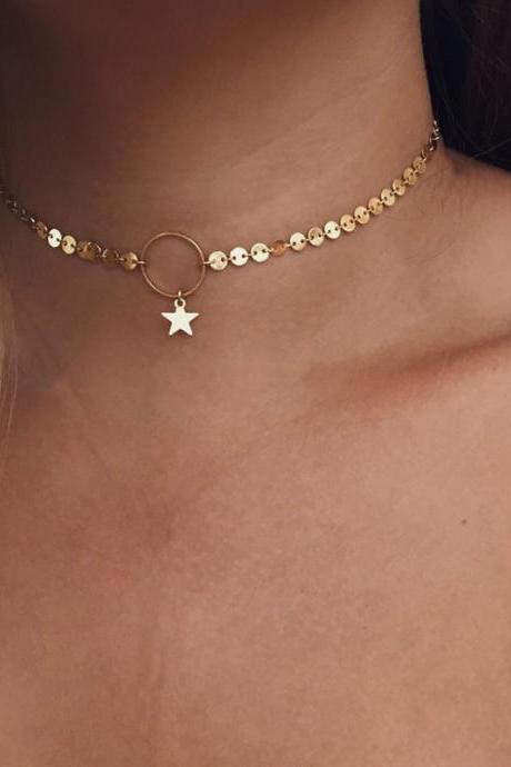 Free Shipping Golden Moon Star Necklace five pointed star clavicle chain sweater chain neck chain-1 