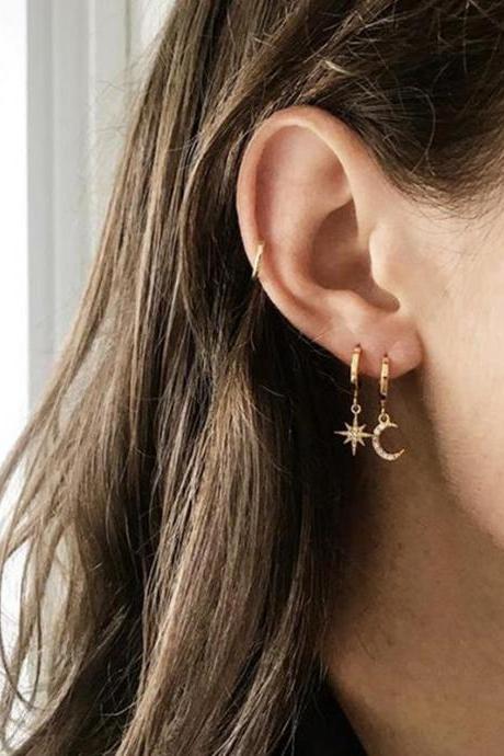 Full Diamond Women's Five Pointed Star Moon Earrings And Earrings Pendant Combination