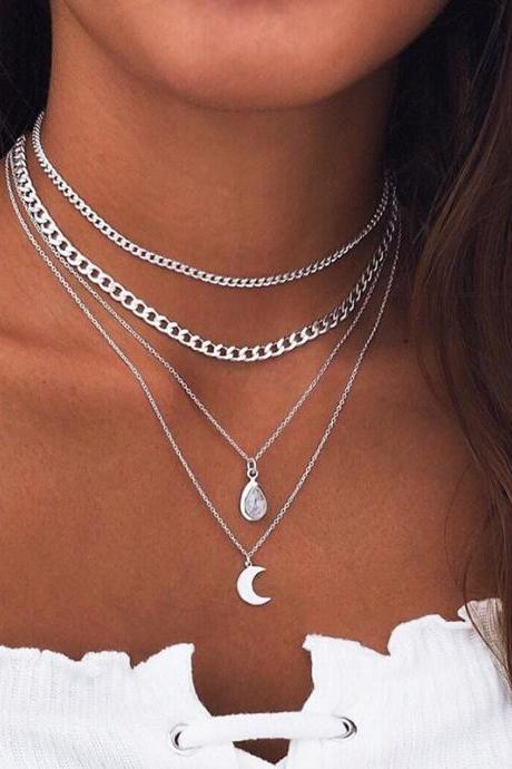 Free Shipping Alloy crescent gem Water Drop Pendant multi layer Necklace 