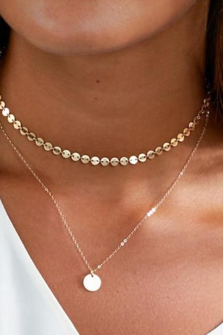 Shipping Copper Handmade Sequin Collar Double Gold Plated Chain Necklace-1