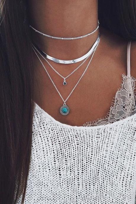 Shipping Bohemian Simple Multi-layer Water Drop Pendant Necklace Female Clavicle Chain