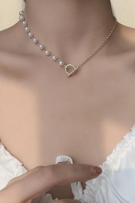 Free Shipping Metal imitation pearl necklace neck chain asymmetric Pendant Necklace French clavicle chain