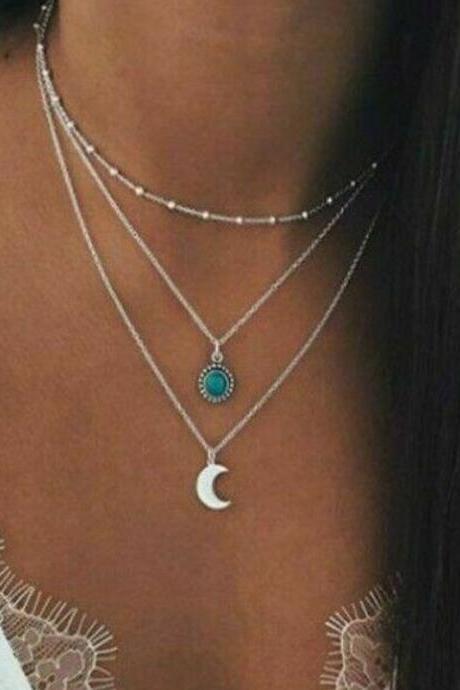 Free Shipping Turquoise multi-layer Necklace women's metal Moon Pendant Necklace Chain-1