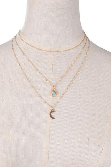 Free Shipping Turquoise multi-layer Necklace women's metal Moon Pendant Necklace Chain-2