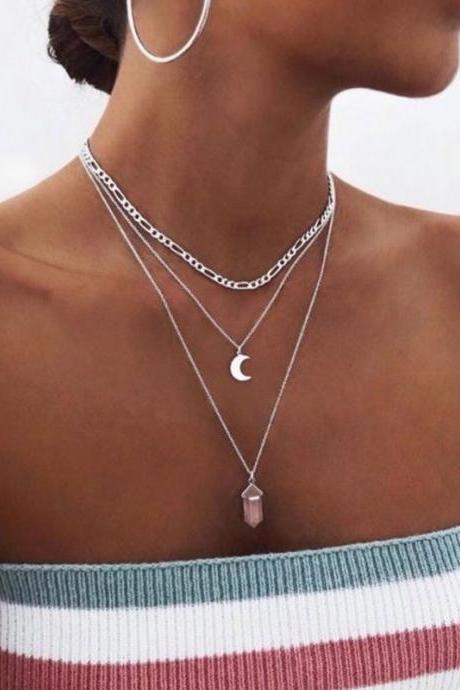Free Shipping Alloy moon multi-layer Pendant Necklace Necklace Necklace powder crystal necklace-1