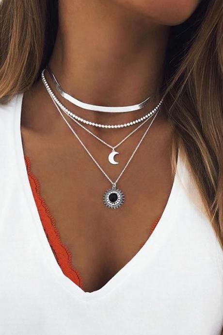 Multi Layer Necklace Neckchain Metal Alloy Moon Round Turquoise Pendant Necklace