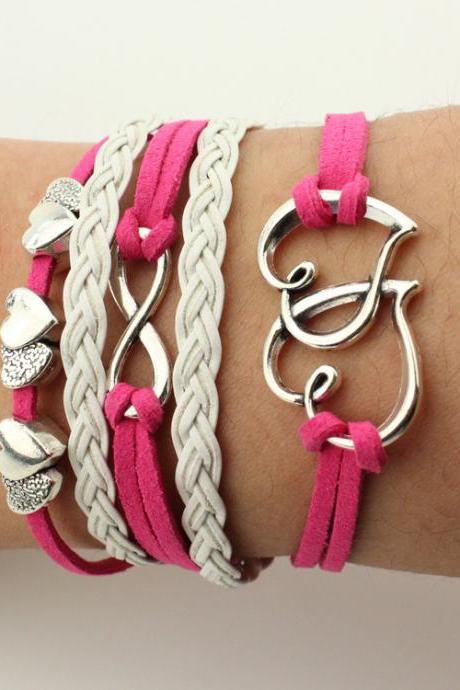 Retro Heart To Heart 8-character Multi Strand Fashion Bright Leather Rope Hand Woven Bracelet