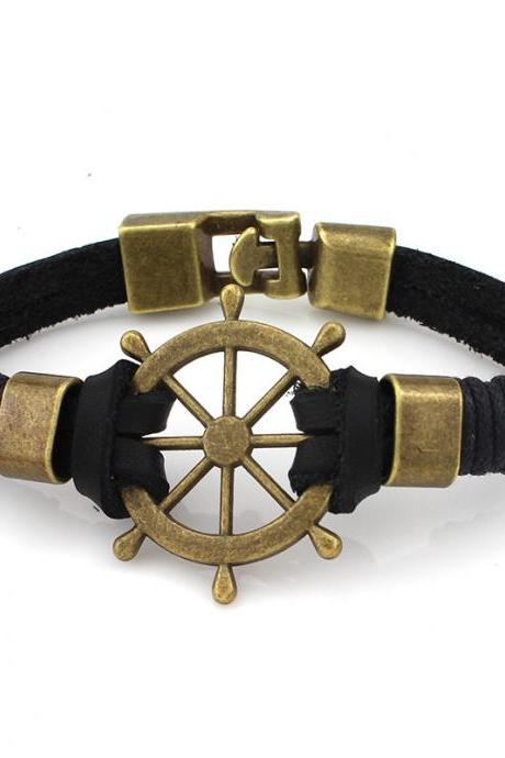 Alloy Buckled Sailboat Rudder Bracelet Head Leather Bracelet Jewelry-1
