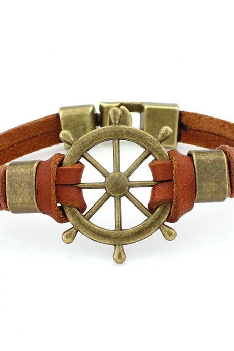 Alloy Buckled Sailboat Rudder Bracelet Head Leather Bracelet Jewelry-2