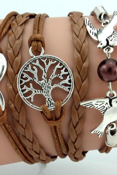Shipping Retro 8-character Infinite Life Tree Bracelet And Bird Alloy Accessories Woven Bracelet-1