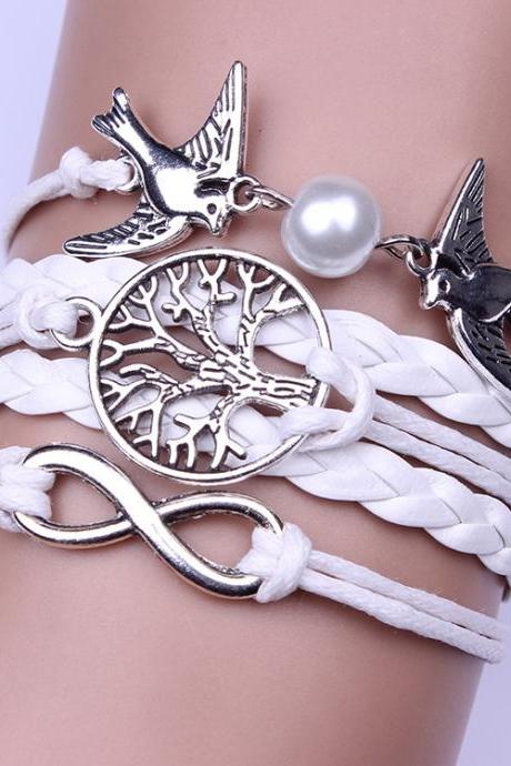 Retro Peace Dove Pearl Life Tree 8 Words Infinite Knitting Bracelet