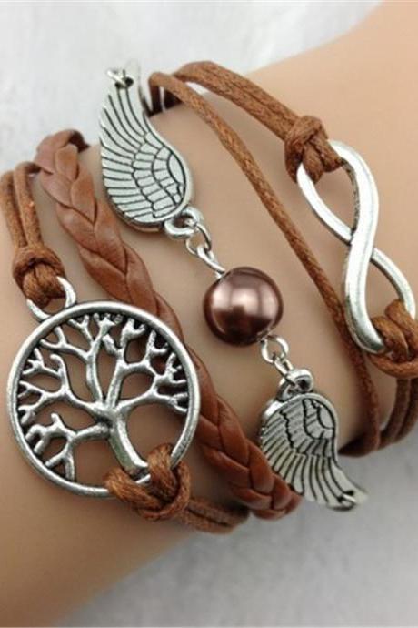 Retro Wing Tree 8-character Multi Strand Fashion Bright Leather Rope Hand Woven Bracelet