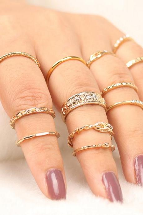 Fashion Retro Diamond Ring 12 Combinations Winding Knot Carving 12 Pieces Set Ring