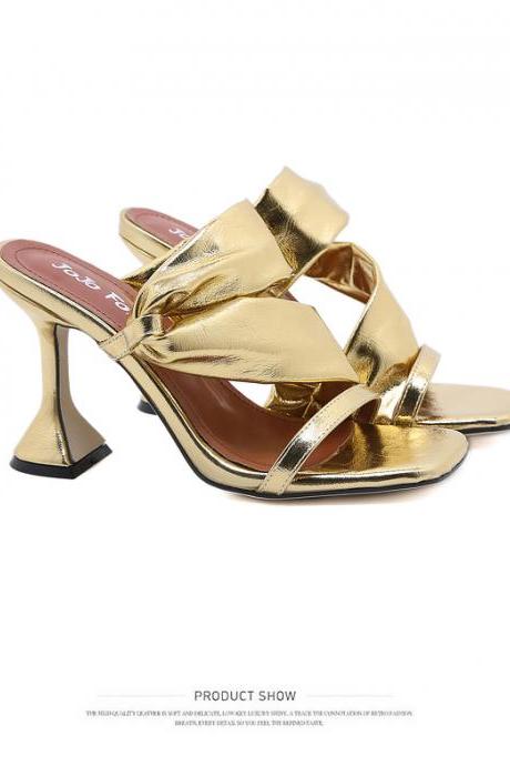 Style Glass Heel Square Head High Heel Solid Color Sandals-golden