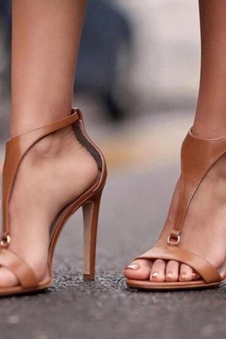 T-belt High-heeled Sandals For Women-brown