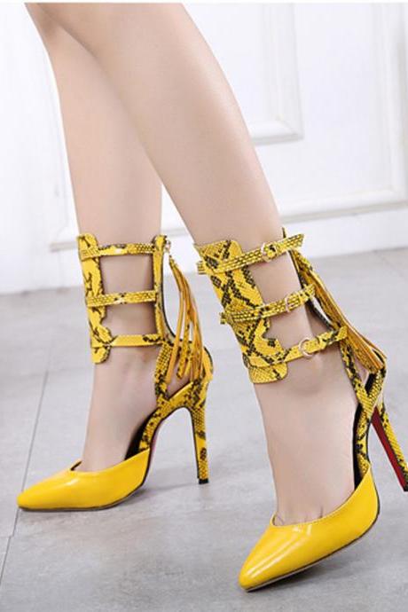 High Heeled Shoes Snake Pattern High Top Baotou Sandals Thin Heel Pointed Women's Shoes-yellow