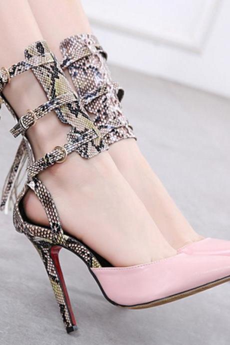 High Heeled Shoes Snake Pattern High Top Baotou Sandals Thin Heel Pointed Women's Shoes-pink