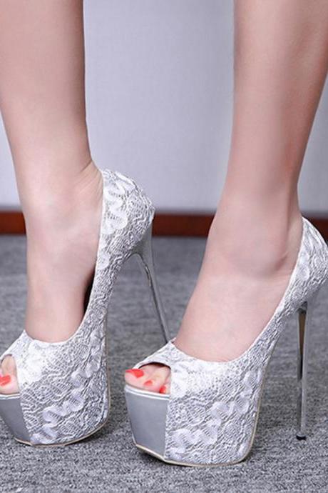 Sequin Fish Mouth Waterproof Platform Sandals-silvery
