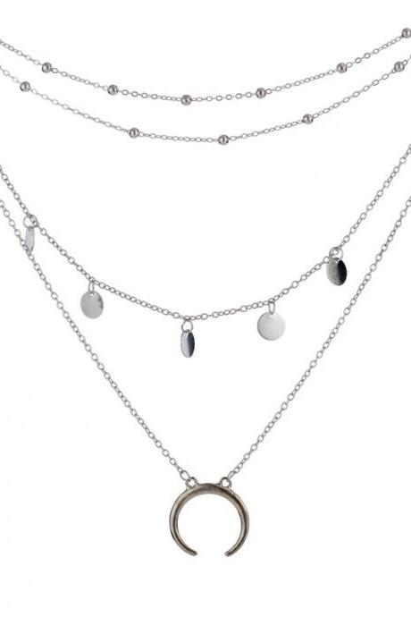 Fashionable Multi-layer Alloy Necklace With Round Pieces And Exquisite Crescent Pendant-silvery