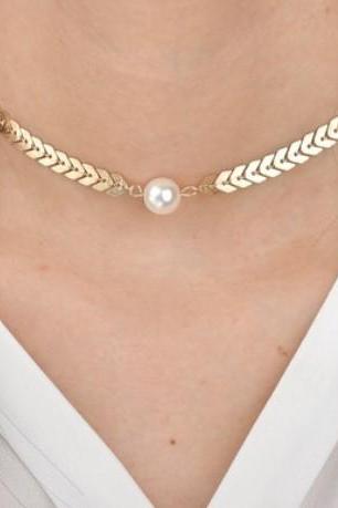Arrow Wheat Ear Gold Silver Alloy Clavicle Chain Pearl Necklace-golden