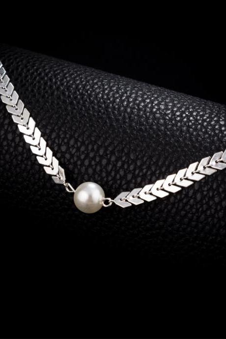 Arrow wheat ear gold silver alloy clavicle chain pearl necklace-Silvery