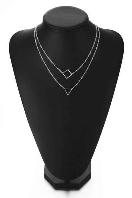 Multi layer alloy necklace triangle box exquisite women's Pendant Necklace-Silvery