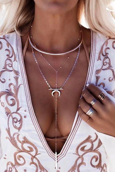 Multi Layer Three Dimensional Women&amp;amp;amp;#039;s Necklace Long Tassel Crescent Metal Pendant