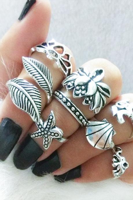 Retro Lotus Shell Starfish House Seven Piece Ring With Empty Leaves