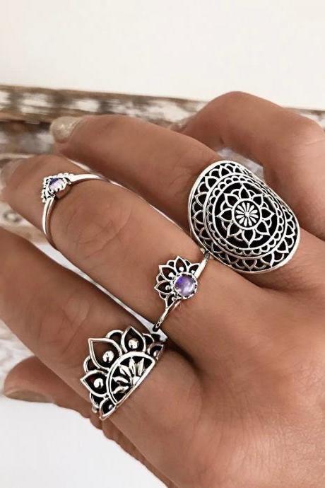 Bohemian Style Retro Gem Ring Exaggerating Hollow Totem Four Piece Ring