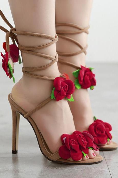 Rose Cross Lace High Heel Sandals