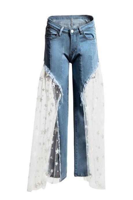 Five-pointed Star Pentagram Mesh Stitching Wide Leg Jeans
