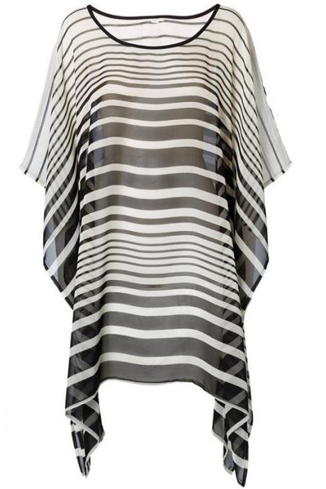Chiffon black and white stripe loose beach skirt bikini blouse holiday skirt seaside sunscreen Shirt