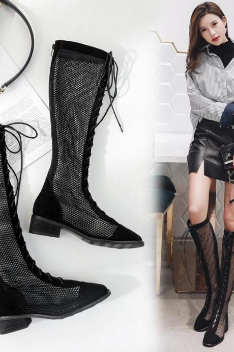 Lace Mesh High Tube Cool Boots Hollow Fashion Strapping Women's Shoes