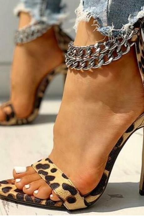 Large size high heeled shoes thin heeled women's shoes sandals-Leopard