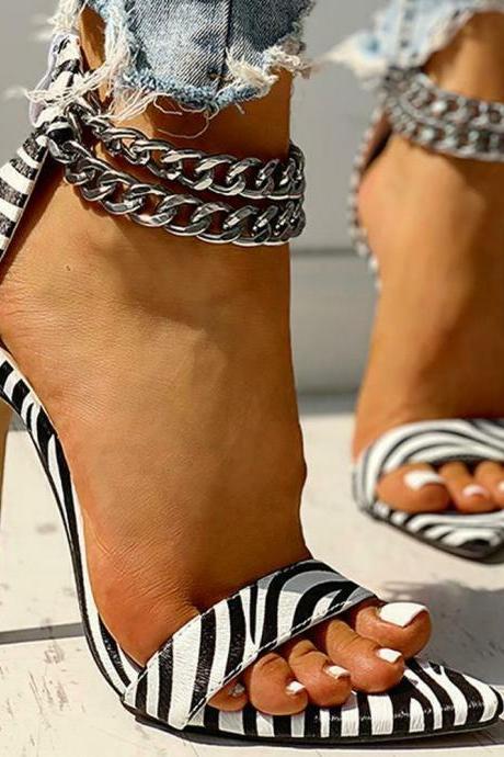Large Size High Heeled Shoes Thin Heeled Women's Shoes Sandals-zebra