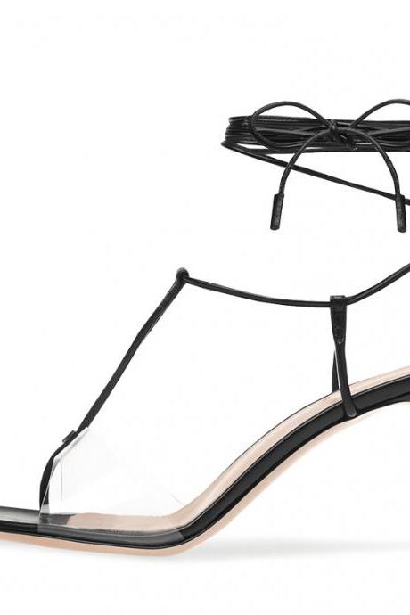 Fashion Transparent Pvc Toe Sandals Ankle Tie Up Party Shoes-black