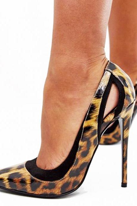 Pointed High Heel Leopard Pattern Lacquer Leather Stitching Black Sheep Cut Out Fashion Single Shoe
