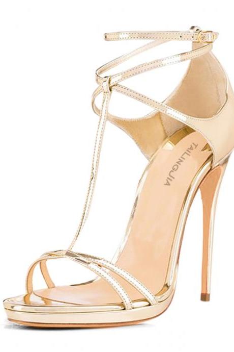 Lacquered T-shaped Toe Bag And High Heels Sandals-beige
