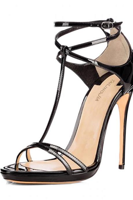 Lacquered T-shaped Toe Bag And High Heels Sandals-black