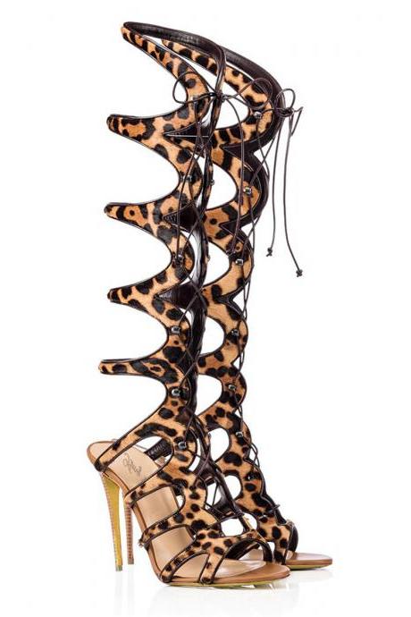 Roman Lace UP Cold High Heels Boots-Leopard