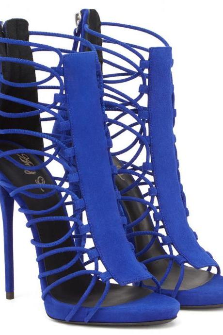 Roman Lace Up High Heel Open Toe Party Shoes-blue