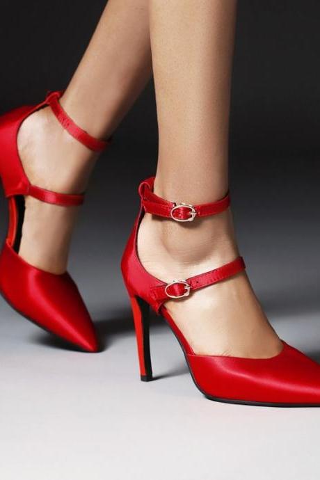 Pointed Buckle Fashion Sexy High Heels Single Party Shoes-red
